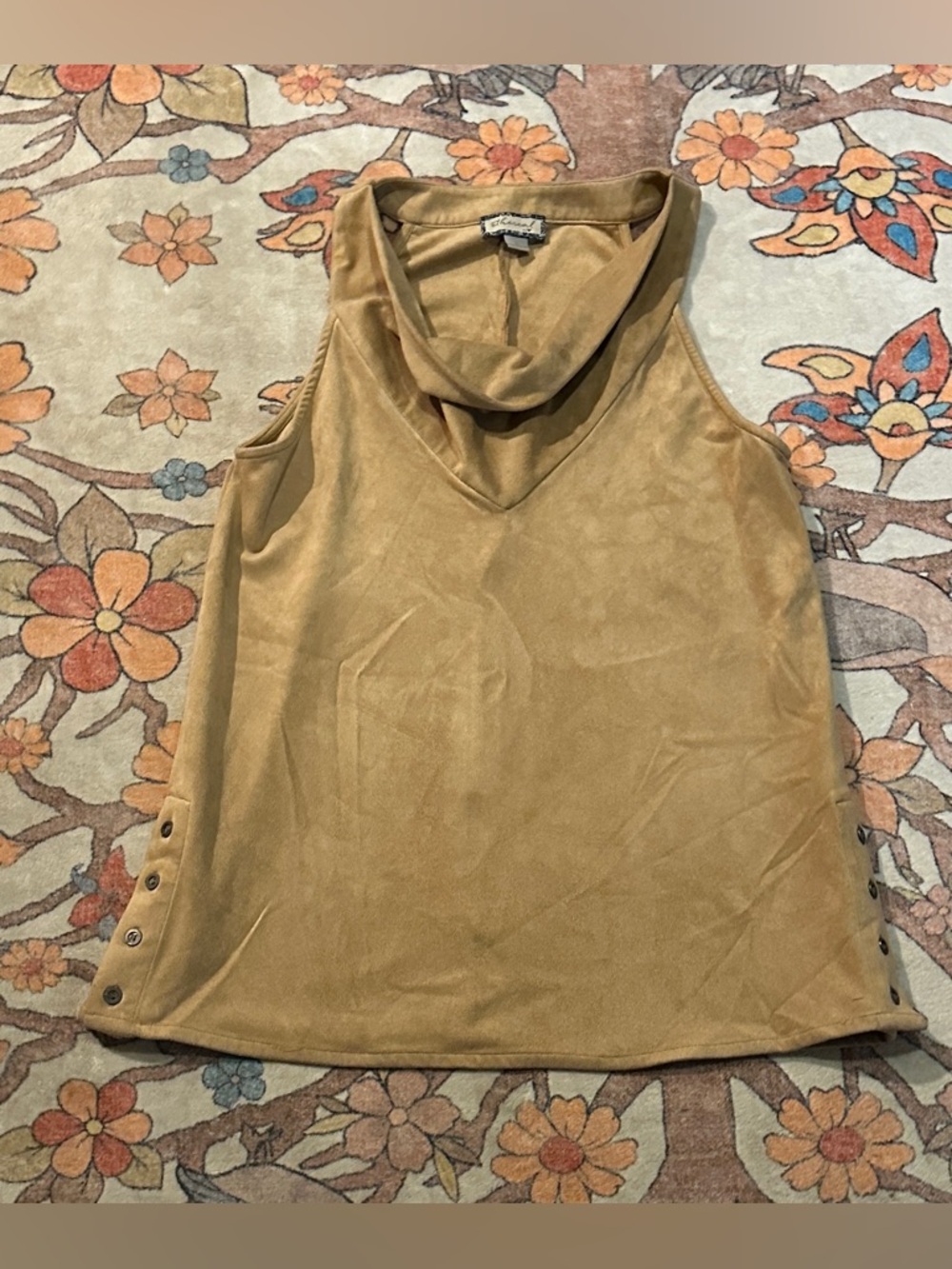 Cowl Neck Suede-Look Tank Top in Tan